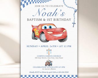 Boy Baptism & First Birthday Cars Invitation • Editable Canva Template • Instant Access