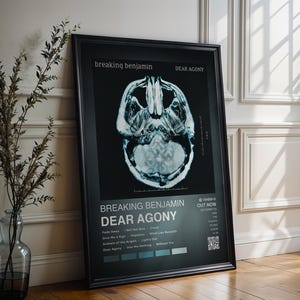 Op de afbeelding: Zwart ingelijste poster met de albumhoes van Breaking Benjamin's "Dear Agony". De afbeelding is een grijswaardenweergave van een menselijke schedel. De poster bevat de albumtitel, songtitels en bandnaam.