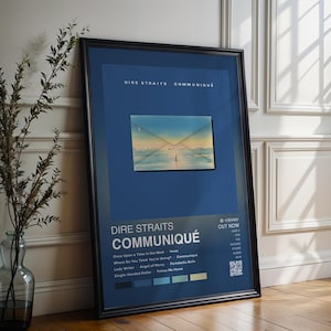 May include: Framed poster for the Dire Straits album "Communique" with a blue background and an envelope design. The poster includes the album title, tracklist, and a QR code. The frame is black.