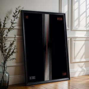 May include: A framed black poster with the text "FIRST IMPRESSIONS" and "IN EARTH" in the upper and lower right corners. The poster features vertical lines in white, gray, and red against a black background. The band name "THE STROKES" is printed at the bottom.