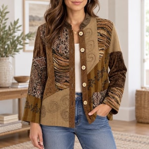 May include: A long-sleeve jacket featuring a patchwork design in shades of brown, tan, and olive green. The garment includes panels with paisley, striped, and swirl embroidery patterns, finished with a row of round, light-colored wooden buttons.