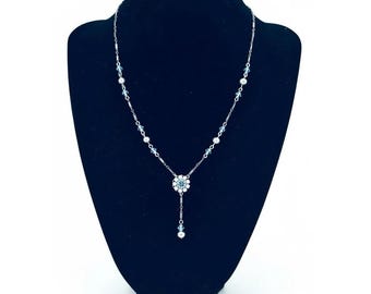 Vintage Liz Palacios Lariat Necklace Blue Crystal Floral Drop 1990s