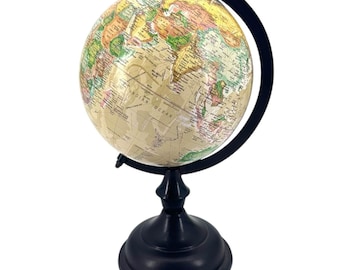 Vintage Style Desktop World Globe Dark Brown Metal Stand Office Library 12"
