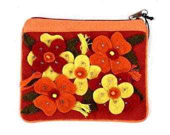 Vintage Pier 1 Floral Felt Coin Change Purse Pouch Bag Zips Orange Red NEW