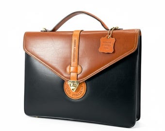 Vintage Moda Italiana Black Brown Leather Briefcase Document Bag