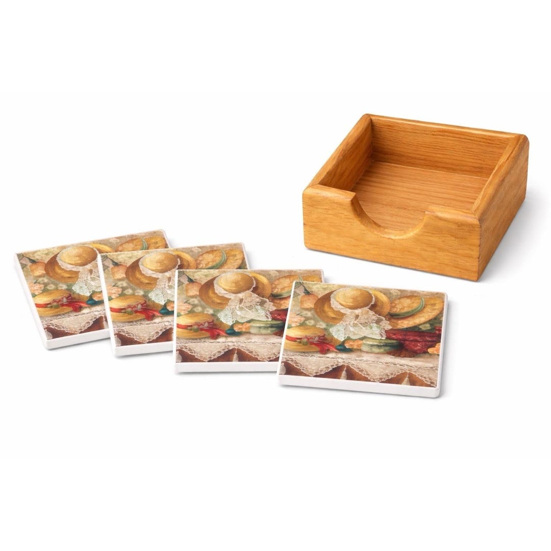 Vintage Ceramic Tile Coasters Set Wood Holder Floral Cottagecore ...