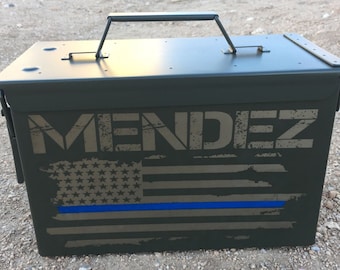 Engraved Ammo Box Police Officer Law Enforcement Badge Cop Fireman EMT Flag red line hero husband military Ammunition Survival Valentines