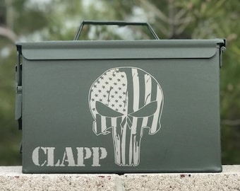 Engraved Punisher Skull Ammo Box: Personalized Military Gift, Marines
