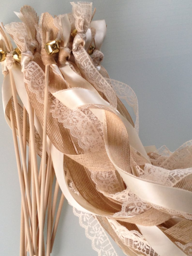 Ribbon and Bells with Lace 100 Triple Burlap Wedding Wands
