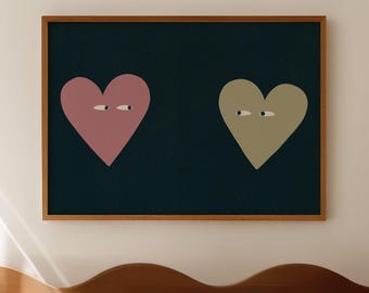 Couple Heart Print - Hand Drawn Love Wall Art, Colorful Bedroom Decor, Digital Download