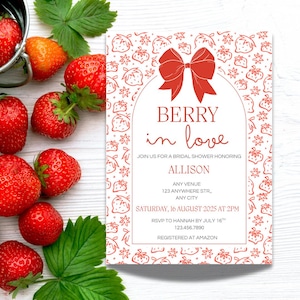 Berry In Love | Bridal Shower Invitation Template | Customizable Canva Template | Strawberries | A106