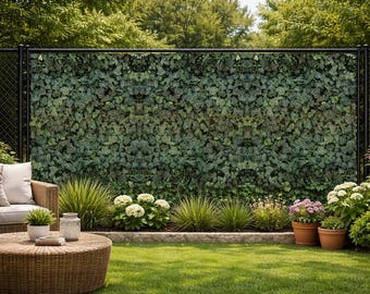 May include: A lush green ivy privacy screen on a black metal fence. A wicker sofa with cream-colored cushions and a round wicker coffee table are in front of the fence. Potted plants and flowers are in the foreground, with a green lawn.
