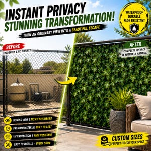 May include: A privacy fence screen featuring a realistic green ivy leaf pattern. The image shows a before and after comparison of a chain-link fence. Text on the image includes INSTANT PRIVACY STUNNING TRANSFORMATION, WATERPROOF DURABLE FADE RESISTANT, and CUSTOM SIZES.