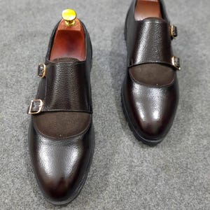 Handmade Black Leather Double Monk Strap Shoes: Wingtip Brogue Dress Shoes