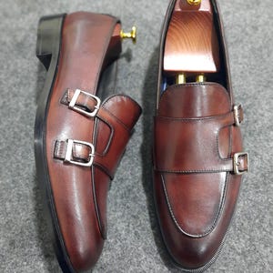 Handcrafted Brown Leather Double Monk Strap Shoes: Silver Buckle Loafers