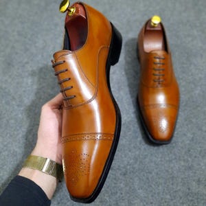 Handmade Tan Brown Leather Oxford Shoes Men - Classic Brogue Dress Shoes - Premium Business Formal Footwear - Wedding Office Shoes