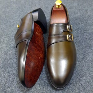 Handmade Olive Brown Leather Double Monk Strap Shoes: Formal Dress Footwear