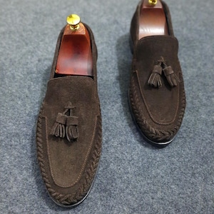 Premium Handmade Brown Suede Tassel Loafers for Men – Slip-On Dress Shoes | Luxury Casual Formal Loafers | Soft Leather Sole | 30-Day Return