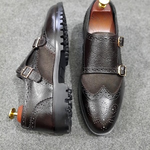 Handmade Wingtip Double Monk Strap Shoes: Black Leather Brogue