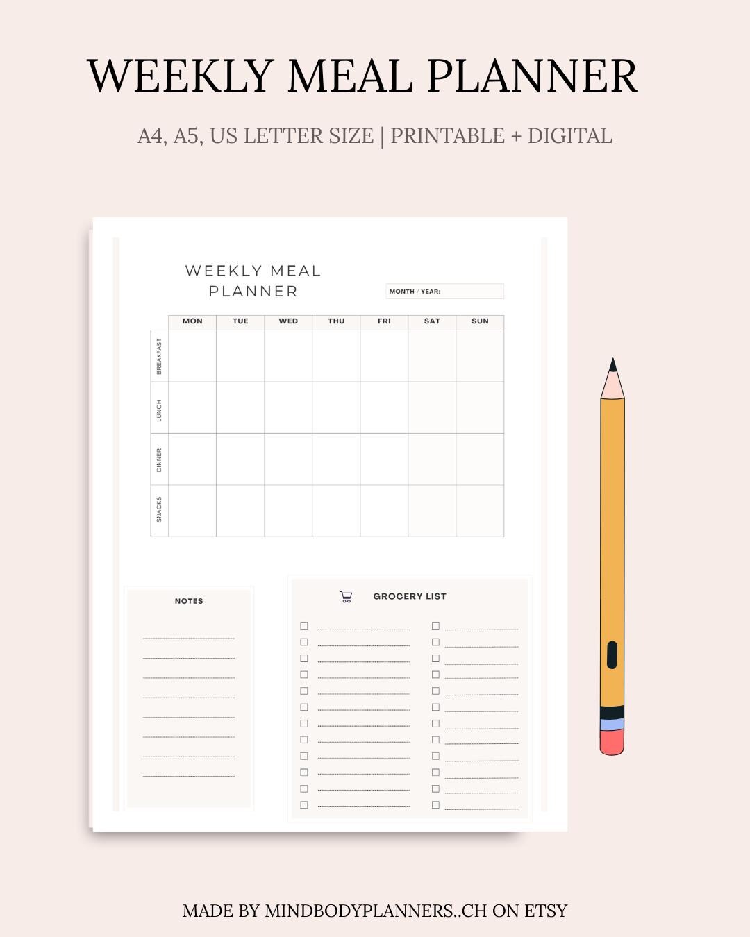 Weekly Meal Planner | Printable Grocery List, Notes (digital Download ...