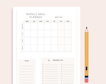 Weekly Meal Planner | Printable Grocery List, Notes (Digital Download)