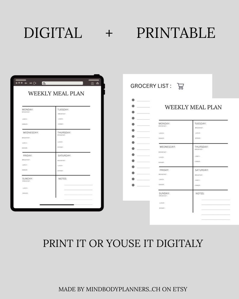 Weekly Meal Planner Printable – Grocery List, Minimal Design (PDF ...