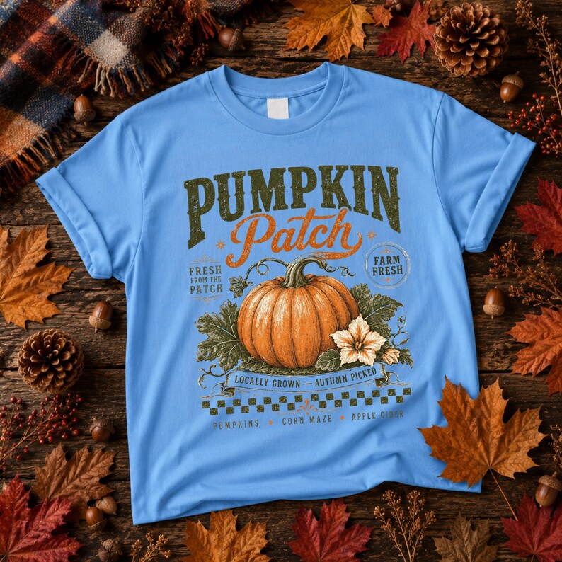 May include: A light blue t-shirt featuring a graphic of an orange pumpkin with green leaves and a white flower. The text reads PUMPKIN Patch, FRESH FROM THE PATCH, FARM FRESH, LOCALLY GROWN, AUTUMN PICKED, PUMPKINS, CORN MAZE, and APPLE CIDER.