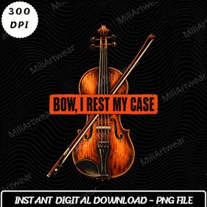 Könnte beinhalten: Eine digitale Illustration einer braunen Holzgeige mit einem diagonal darüber platzierten Bogen. Ein orangefarbenes rechteckiges Banner in der Mitte zeigt den schwarzen Text "BOW, I REST MY CASE". Der Hintergrund ist schwarz mit Wellenlinien.