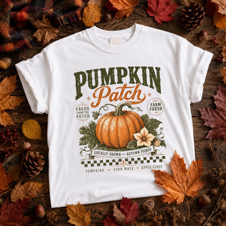 May include: A white short-sleeve t-shirt featuring a graphic print of an orange pumpkin with green leaves and a white flower. The text reads PUMPKIN Patch, FRESH FROM THE PATCH, FARM FRESH, LOCALLY GROWN, AUTUMN PICKED, PUMPKINS, CORN MAZE, APPLE CIDER.