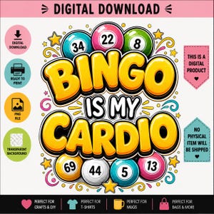 Bingo Is My Cardio PNG: Funny Bingo Lover Design Bingo Night Party png Retro Lucky Numbers (Digital Download)