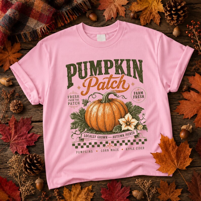 May include: A light pink t-shirt featuring a graphic of an orange pumpkin with green leaves and white flowers. The text reads PUMPKIN PATCH, FRESH FROM THE PATCH, FARM FRESH, LOCALLY GROWN, AUTUMN PICKED, PUMPKINS, CORN MAZE, and APPLE CIDER.