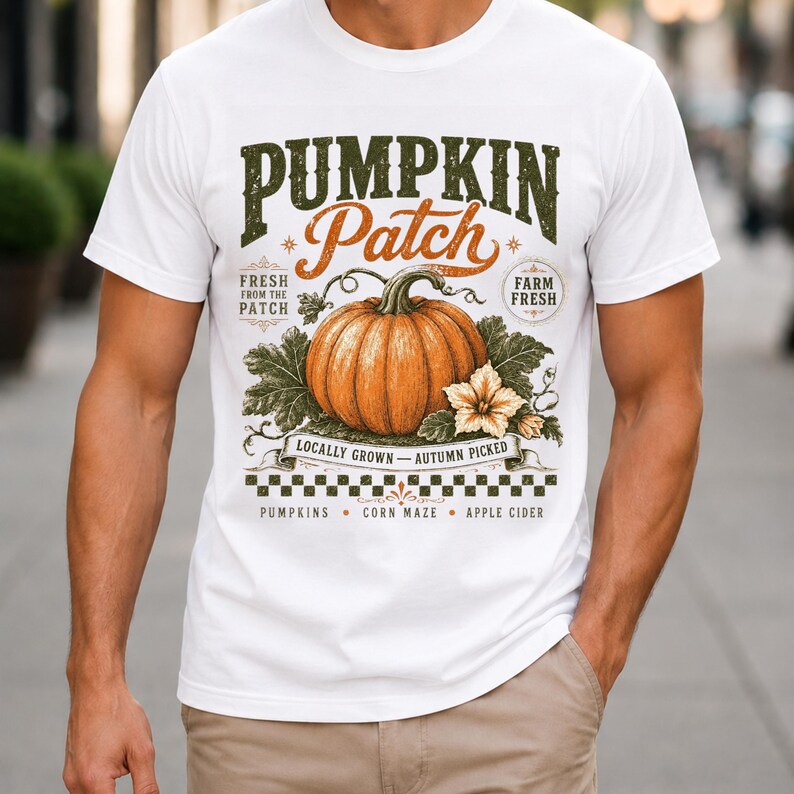May include: A white short-sleeve t-shirt featuring a graphic print of an orange pumpkin with green leaves and a flower. The text reads PUMPKIN Patch, FRESH FROM THE PATCH, FARM FRESH, LOCALLY GROWN, AUTUMN PICKED, PUMPKINS, CORN MAZE, and APPLE CIDER.