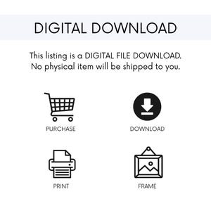 K&ouml;nnte beinhalten: Wei&szlig;er Hintergrund mit dem Text "DIGITALER DOWNLOAD" oben. Darunter steht, dass es sich um einen digitalen Dateidownload handelt, ohne dass ein physischer Artikel versendet wird. Symbole f&uuml;r Kauf, Download, Druck und Rahmen sind ebenfalls enthalten.