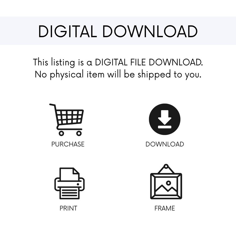 K&ouml;nnte beinhalten: Wei&szlig;er Hintergrund mit dem Text "DIGITALER DOWNLOAD" oben. Darunter steht, dass es sich um einen digitalen Dateidownload handelt, ohne dass ein physischer Artikel versendet wird. Symbole f&uuml;r Kauf, Download, Druck und Rahmen sind ebenfalls enthalten.