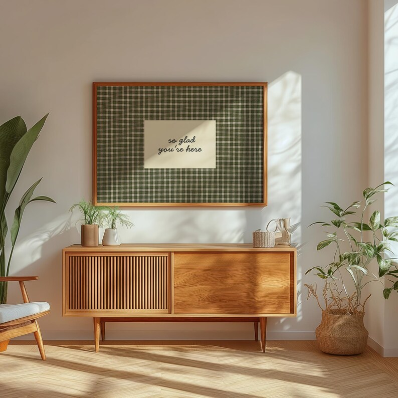 So Glad You're Here Print Vintage Cottagecore Entryway Wall Art Guest Room Decor Welcoming Sign Hospitality Print Gingham Farmhouse Wall Art