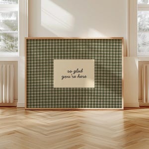 So Glad You're Here Print Vintage Cottagecore Entryway Wall Art Guest Room Decor Welcoming Sign Hospitality Print Gingham Farmhouse Wall Art