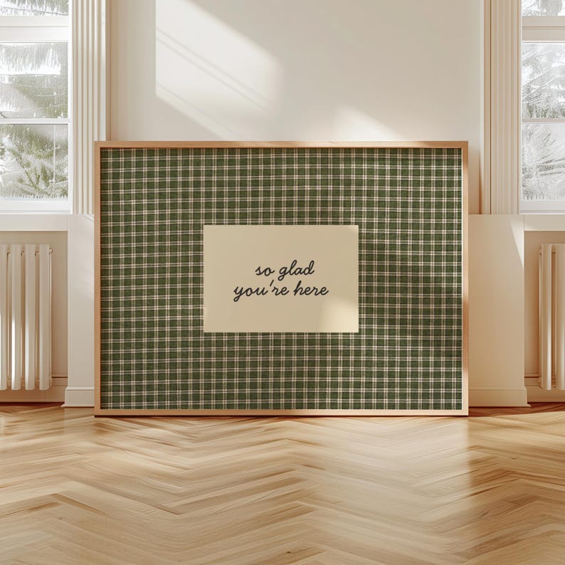 So Glad You're Here Print Vintage Cottagecore Entryway Wall Art Guest Room Decor Welcoming Sign Hospitality Print Gingham Farmhouse Wall Art