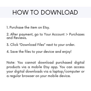 K&ouml;nnte beinhalten: Wei&szlig;er Hintergrund mit schwarzem Text, der "HOW TO DOWNLOAD" anzeigt. Die Anleitung beschreibt den Download-Prozess f&uuml;r digitale Artikel auf Etsy, einschlie&szlig;lich Kauf, Zugriff auf K&auml;ufe und Herunterladen von Dateien.