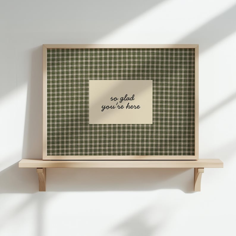 So Glad You're Here Print Vintage Cottagecore Entryway Wall Art Guest Room Decor Welcoming Sign Hospitality Print Gingham Farmhouse Wall Art