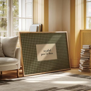 So Glad You're Here Print Vintage Cottagecore Entryway Wall Art Guest Room Decor Welcoming Sign Hospitality Print Gingham Farmhouse Wall Art