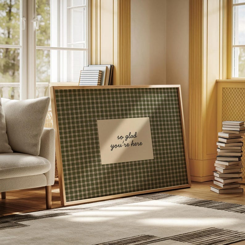 So Glad You're Here Print Vintage Cottagecore Entryway Wall Art Guest Room Decor Welcoming Sign Hospitality Print Gingham Farmhouse Wall Art