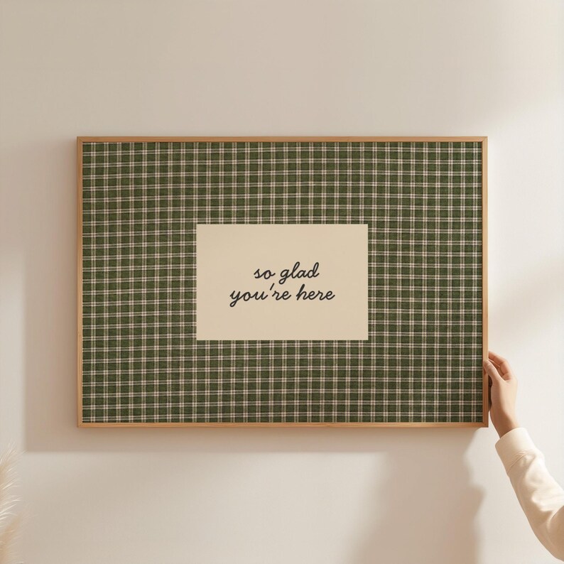 So Glad You're Here Print Vintage Cottagecore Entryway Wall Art Guest Room Decor Welcoming Sign Hospitality Print Gingham Farmhouse Wall Art