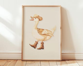 Arte de parede vintage com ganso cowboy para quarto de bebê, decoração de quarto infantil com ganso engraçado no estilo faroeste, pôster de pato, decoração de parede para quarto de menino, decoração para quarto infantil, arte para sala de jogos.
