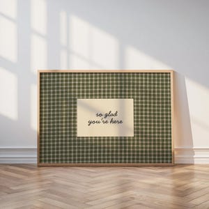 So Glad You're Here Print Vintage Cottagecore Entryway Wall Art Guest Room Decor Welcoming Sign Hospitality Print Gingham Farmhouse Wall Art