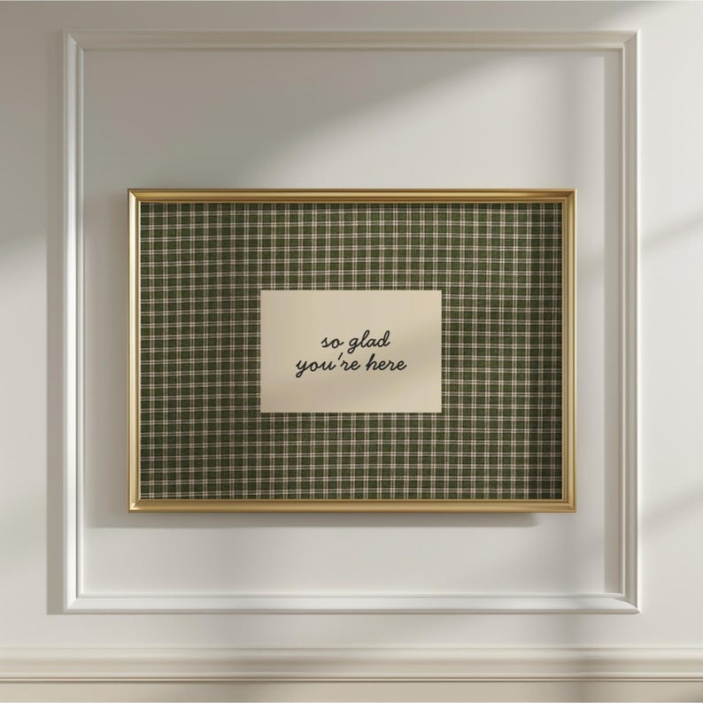 So Glad You're Here Print Vintage Cottagecore Entryway Wall Art Guest Room Decor Welcoming Sign Hospitality Print Gingham Farmhouse Wall Art