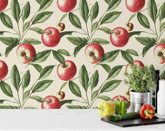 Vintage Apple Wallpaper with Green Leaves – Classic Botanical Fruit Wall Mural for Kitchen, Farmhouse, or Cottage-Inspired Interiors