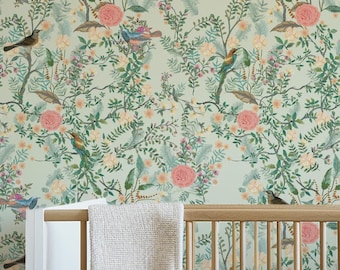 Birds and Roses Peel and Stick Wallpaper – Vintage Floral Removable Wall Mural – Elegant Botanical Garden Wall Decor