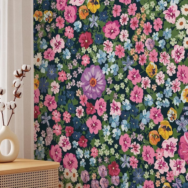 Colorful Floral Wallpaper – Bold Spring Garden Removable Wall Mural | Peel and Stick Wildflower Wall Art