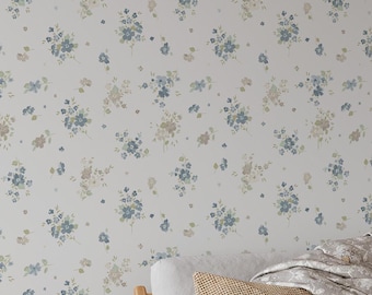 Peel and Stick Blue Floral Wallpaper – Removable Watercolor Flower Wall Mural for Bedroom, Cottagecore Wall Decor, Easy Install