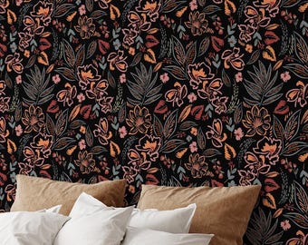 Vintage Floral Wallpaper – Dark Removable Wall Mural with Autumn Leaves, Bold Peel and Stick Accent for Statement Interiors